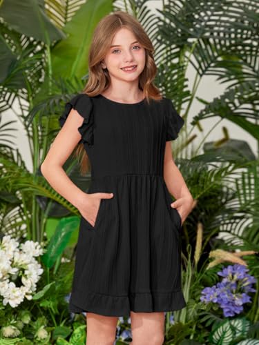 BesserBay Girls Summer Ruffle Midi Dress Back to School Flutter Sleeve Casual Elastic Waist Sundress with Pockets 5-14 Years2