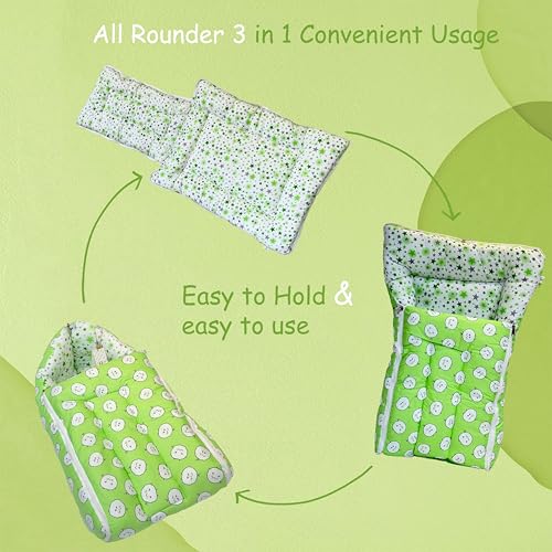 Image of Fareto Combo of Baby Bed with Net | Carry Bag | 4 Pcs Bedding Set (0-6 Months, Baby Size, Cotton) (Green Sheep)