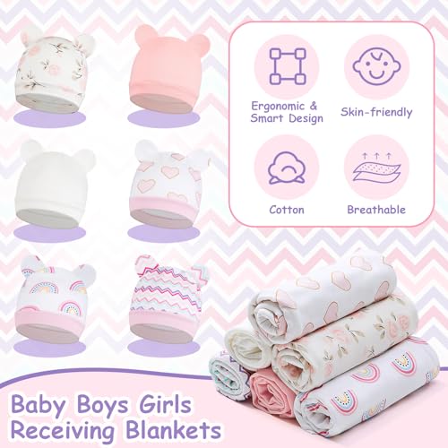 Image of Ramede 6 Set Baby Swaddle Blanket and Hat, 100% Cotton Newborn Receiving Blanket Wrap with Headband, 31.5 inch Soft, Breathable for Girl Boy Nursery Sleep Cradle Sheet Breastfeed Cover(Rainbow,Cute Color)
