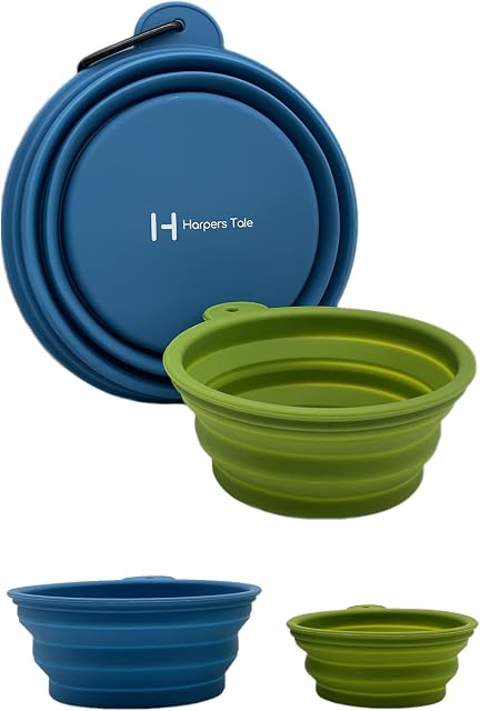 Harpers Tale Collapsible Travel Dog Bowls, Medium & Large Bowls 400ml 1000ml Two Pack, Integrated Molding, No Plastic Rim, Food Safe Silicone, Sturdy Carabiner Clip, Lightweight & Leak-Proof, BPA-Free (Two Pack - M & L)