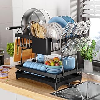 PKBD 2 Tier Large Dish Drying Rack with Drip Tray, Detachable Dish Drainer Rack with Swivel Drainage Spout, Cutting-Board Holder, Cup Holder, Organize Shelf with Utensil Holder Set, Black