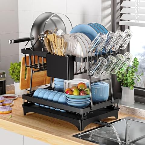 PKBD Rustproof Stainless Steel Dish Drying Rack,2 Tier Large Dish Rack for Kitchen Counter,Dish Rack with Drainboard,Utensil Holder & Cup Holder,Black Cover