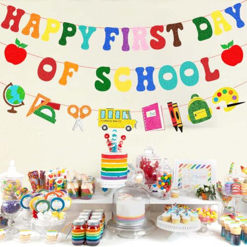 Image of Pre-Strung Happy First Day Of School Banner Decorations, Glitter Back To School Garland for Kindergarten Classroom Bulletin Home Office PreK Teacher Students Party Photo Backdrop Blackboard Decor
