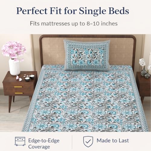 Image of elanorhomes 100% Cotton 240 TC Single Bed Sheet Set | Floral Hand Printed Bedsheet with Pillow Cover | Soft Breathable Fabric for Bedroom | 60x90 Inches (Bachelor Fulwari Print)