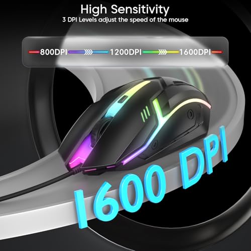 Image of Sounce Nitro Wired Gaming USB Mouse 800 /1200 /1600 DPI Optical Sensor, 4-Level Adjustable DPI, RGB Lighting, Smooth Tracking, Ergonomic Grip, Plug & Play for Laptop & PC (Black)