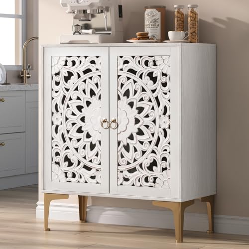 Image of Accent Cabinet with Doors, Decorative Sideboard Buffet Cabinet with Adjustable Shelf, Carved Buffet Table with Gold Legs for Living Room, Entryway, Kitchen, Hallway, White