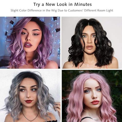 Image of Rose bud Wavy Bob Wig Natural Wig Black to Green Synthetic Hair Shoulder Length Short Curly Middle Part Lace Front Wigs for Women