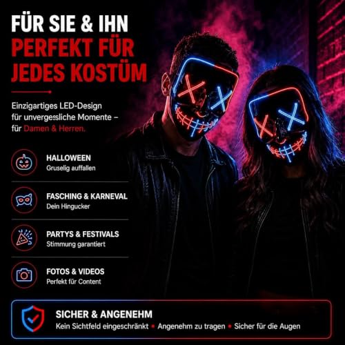 LED Purge Maske - Kostümmaske steuerbar für Halloween, Fasching & Karneval als Kostüm für Herren & Damen (Farbauswahl) (blau/rot) – Ansicht 4
