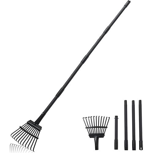 Small Rake for Gardening 63 Inch Adjustable Heavy Duty Garden Leaf Rakes Garden Tools 11 Metal Tines Small Garden Rake for Shrub Flower Bed Mulch Camping, Black
