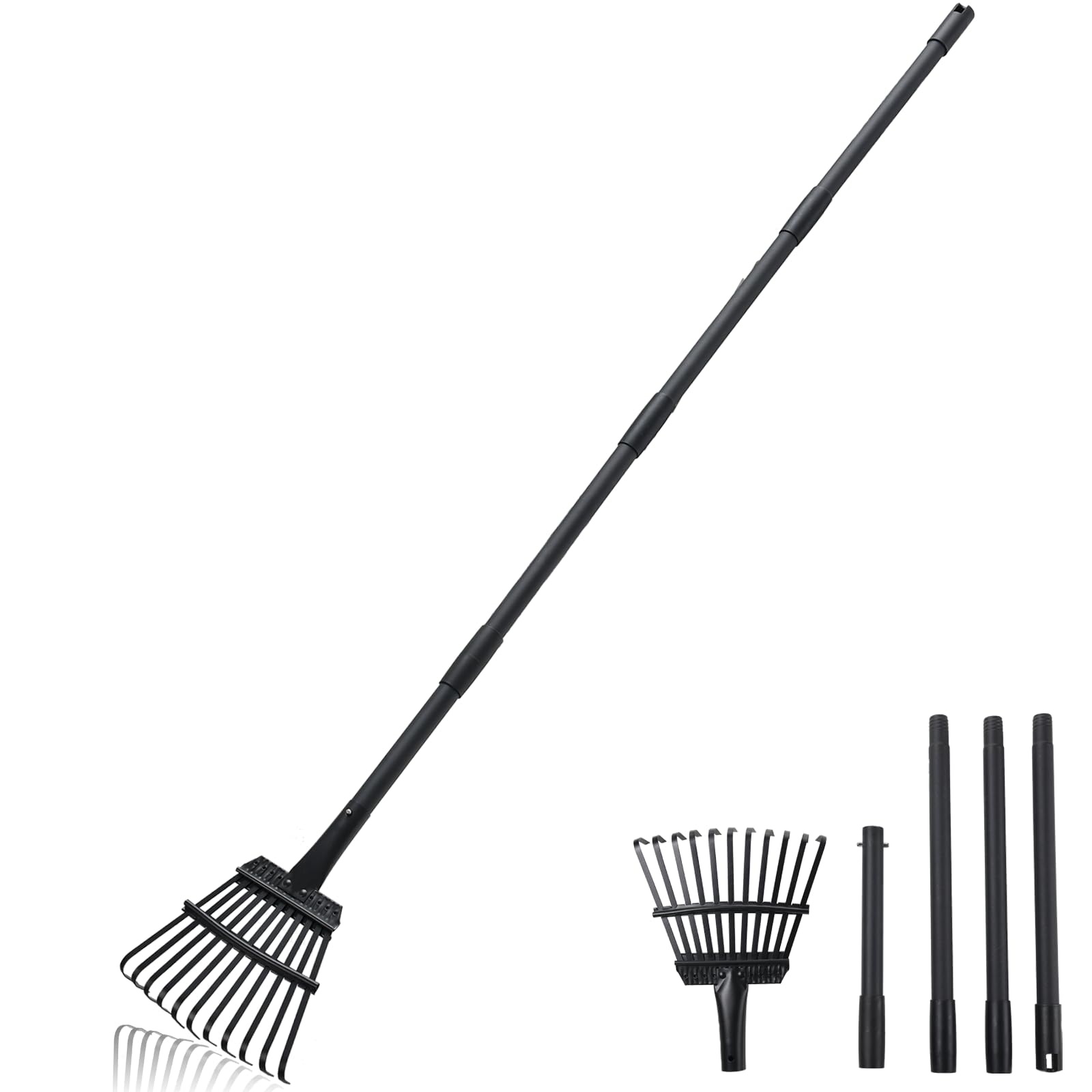 Small Rake for Gardening 63 Inch Adjustable Heavy Duty Garden Leaf Rakes Garden Tools 11 Metal Tines Small Garden Rake for Shrub Flower Bed Mulch Camping, Black