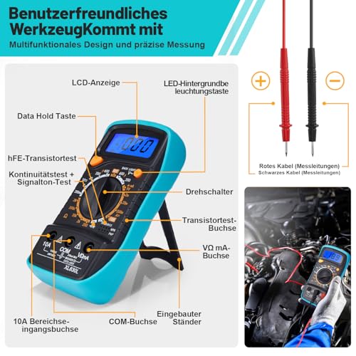 Mini Digital Multimeter Digitalmultimeter für Spannung AC/DC Spannung, Diode und Mehr mit Kapazitäts-, Frequenz- und Diodentest, Voltmeter Messgerät Digital Brovamo Mini i11