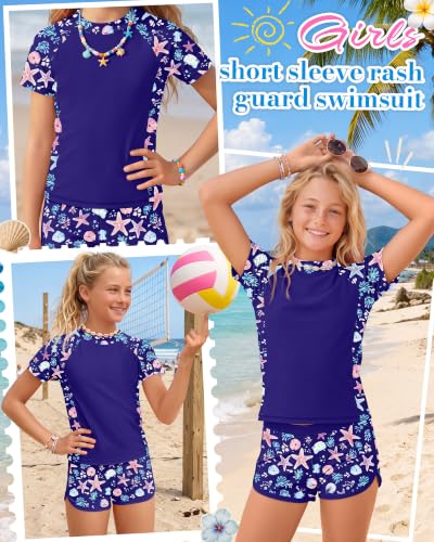 Image of Xaatren Girls 2 Piece Rash Guard Swimsuit | Quick Dry Bathing Suits, Short Sleeve Floral Beach Swimwear, Summer Tee and Boyshort Sets, Protection, Hawaiian, 7-16 Year
