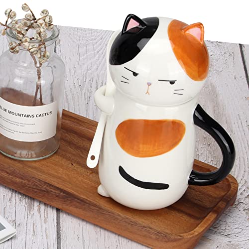 15 oz Cute Ceramic Coffee Mug with Lid and Spoon Adorable Cat Tea Cup for Women Ladies 3D Kawaii Cat Coffee Mug Lover Gift Porcelain Novelty Pusheen Kitty Tea Mug