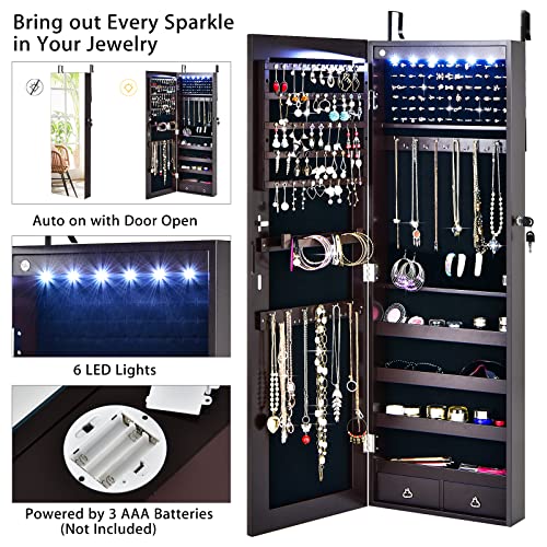 Charmaid 6 Leds Jewelry Armoire Wall/Door Mounted, Lockable Jewelry Organizer With Full Length Mirror, 2 Drawers, Necklace Hooks, Bracelet Rod, Large Storage Mirrored Jewelry Cabinet (Brown) #TOP2