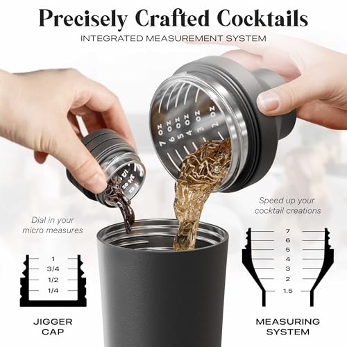 Insulated Cocktail Shaker Set | Double Wall Stainless Steel | Martini Shaker for Home Bar Bartending | Built-in Drink Measurement System & Strainer, Travel Bag, 35 Recipes | Gift Set (Matt Black)