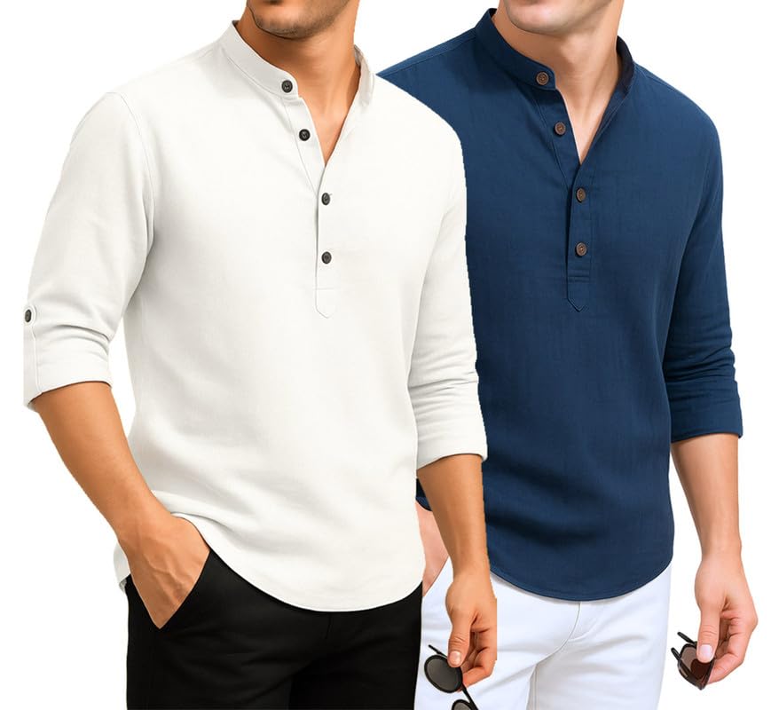 Image of DEELMO Combo of Men's Cotton Blend Solid Regular Fit Full Sleeve Short Kurta | Men's Trendy Short Kurta Pack of 2