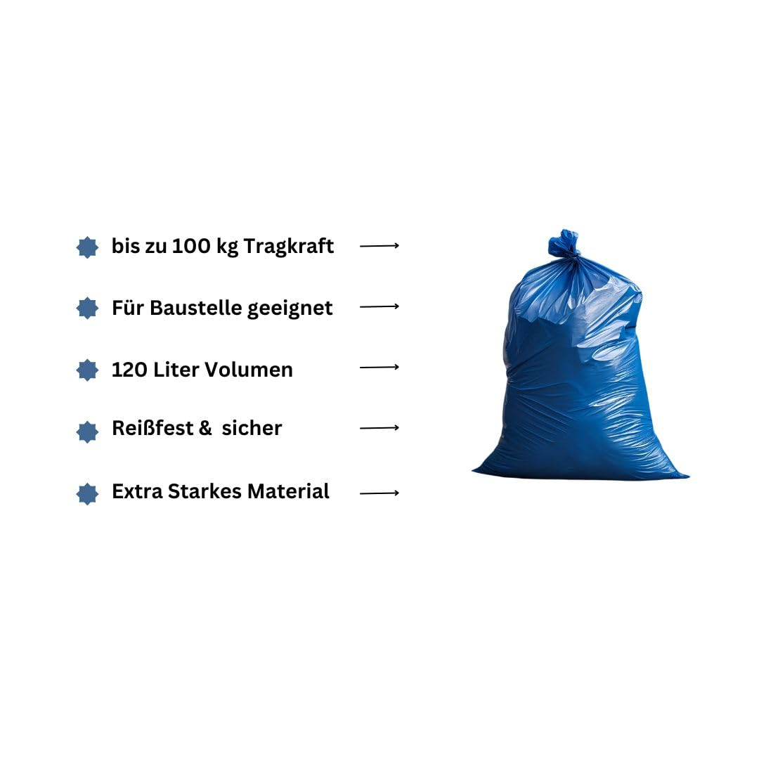 150 sacchi della spazzatura extra forti, 120 litri, antistrappo, per detriti da costruzione, 70 x 110 cm, grandi sacchetti per rifiuti per ristoranti, cantieri tipo 100