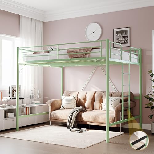 VINGLI Full Loft Bed with Flat Rungs for Adults, Kids and Young Teens, No Box Spring Required,Heavy Duty Metal Slat Support, Green