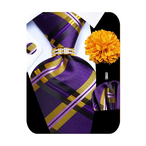 Image of 5PCS Mens Silk Designer Tie, Pocket Square, Cufflinks, Drilled Tie Ring and Lapel Pin Set for Wedding Groom Party