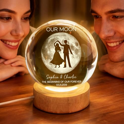 Image of Evamall Personalized Moon Phase Crystal Ball Night Light, Custom Night Sky By Date Lamp, Our Special Day Keepsake Gift for Couple Anniversary Wedding