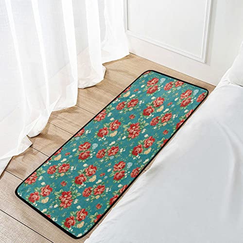 Teal Vintage Floral Kitchen Rug Anti Fatigue Kitchen Mats Non Skid Washable Rustic Floor Rugs Mat For Home Kitchen Office Laundry Decor 39"X20" #TOP6