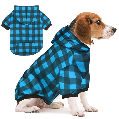 Plaid Dog Sweaters Hoodies Sweatshirts for Dogs Cats, Warm and Soft Cold Weater Coats for Christmas (Blue, Medium)