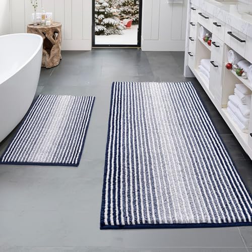 Image of BSICPRO Bathroom Rugs and Mats Sets, 2 Piece Thick Absorbent Chenille Non Slip Soft Shaggy Floor Mats Machine Washable (20" x 47" Plus 16" x 24", Navy)