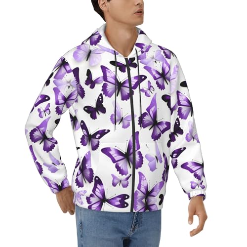 Sweat à capuche homme imprimé papillons blanc violet manches longues