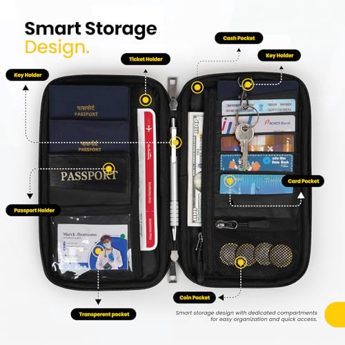 Image of FATMUG Travel Passport Organiser Wallet for Men Women- Family Passport Holder Cover with Zips-Black