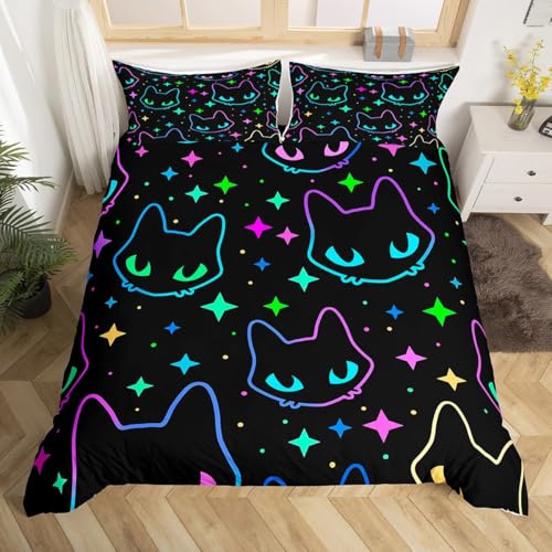 Feelyou Cat Bedding Duvet Cover Set Toddler Size Cats Print Bedding Set for Kids Boys Decor Fluorescence Cute Kitten Animal Cat Lover's Gift Comforter Cover Set Glitter Bedspread Cover,No Comforter