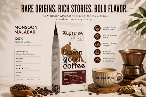 Image of Zupreme Monsoon Malabar Coffee Beans | Premium Indian Specialty Coffee | Medium Dark Roast | Low Acidity, Full Bodied & Earthy | Freshly Roasted | Ideal for Espresso & Filter Coffee | 1 Kg