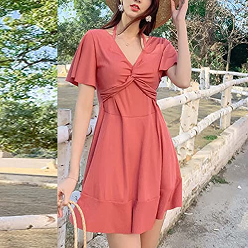 Heavkin Women Fashion Solid Loose Suspender Onepiece Swimsuit Swimwear Bathing Short Sleeve Dress Swimsuit Sexy Bikini Red #TOP1