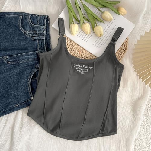 Image of Celary Women's Ribbed Adjustable Strap Camisole Padded ||Soft Stretch Cotton Tank Top Trendy Sleeveless Top for Girls & Women||J'Adore Forever Embroidery||Casual Summer Wear