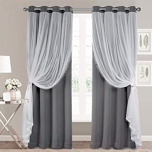 Image of Dark Grey Blackout Curtains 96 Inch Length with White Sheer Voile - Double Layered Mix and Match Nursery Grommet Curtains for Living Room,52 by 96 in, 2 Pieces