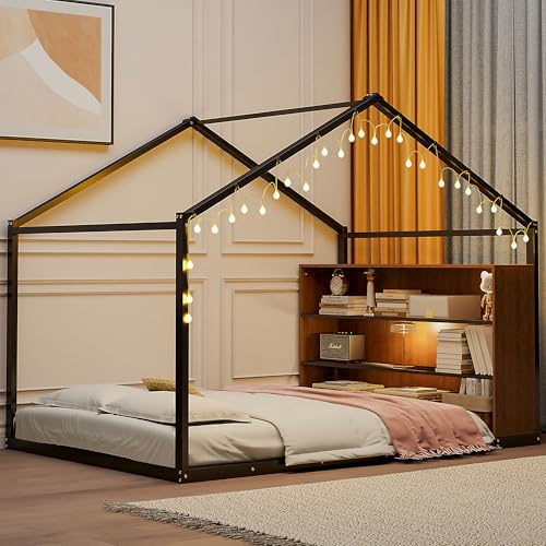 Montessori Floor Bed with Storage Shelf and LED Lights, Metal House Kids Bed, Full Size Black