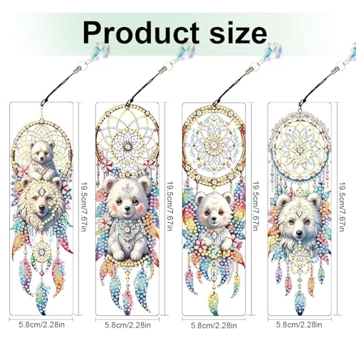 Image of 4 Pcs Diamond Painting Bookmarks, White Bear and Lion Dreamcatcher DIY Diamond Art Kits for Adults, Rhinestone Drill Crafts Bookmarks with Tassel for Graduation Birthday Gifts