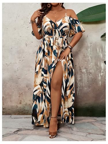 Image of Floerns Women's Plus Size Cold Shoulder Short Sleeve Split Thigh Long Dress