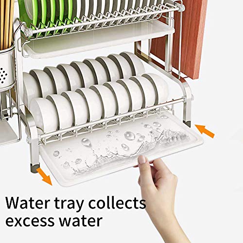 Ocharzy Dish Drying Rack 2 Tier Dish Drainer with Drain Board, Utensil Holder, Cutting Board Holder for Kitchen Counter (Silver) - Thumbnail 6