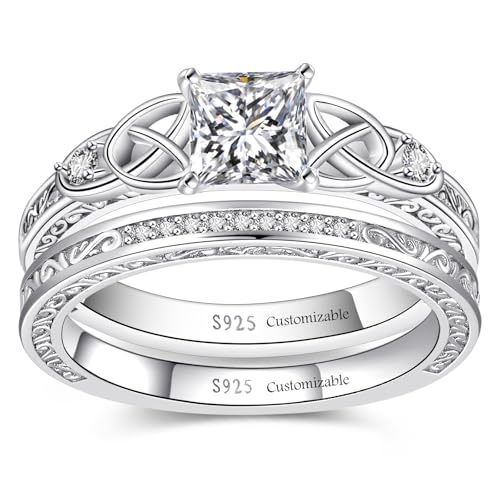 Image of Vintage Celtic Knot Women's Engagement Ring Sets 925 Sterling Silver /14K Gold Plated Stackable Wedding Bands Rings AAAAA Cubic Zirconia Women Bridal Sets Wedding Ring Band Width 1.8mm Size 5-9