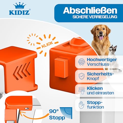 KIDIZ Absperrgitter zum Klemmen mit Katzenklappe, Türschutzgitter, Autoclose Kinder Treppengitter ohne Bohren | 90° Stopp Schutz, schwenkbar, Treppenschutzgitter, Weiß/Orange, Breite: 74-80 cm