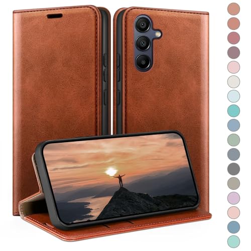 Coque Samsung Galaxy A25 5G HUOUH étui portefeuille en cuir brun clair