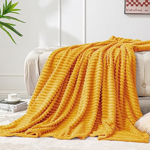 BEDELITE Fleece Blanket - 3D Ribbed Jacquard Decorative Yellow Throw Blanket for Couch &...