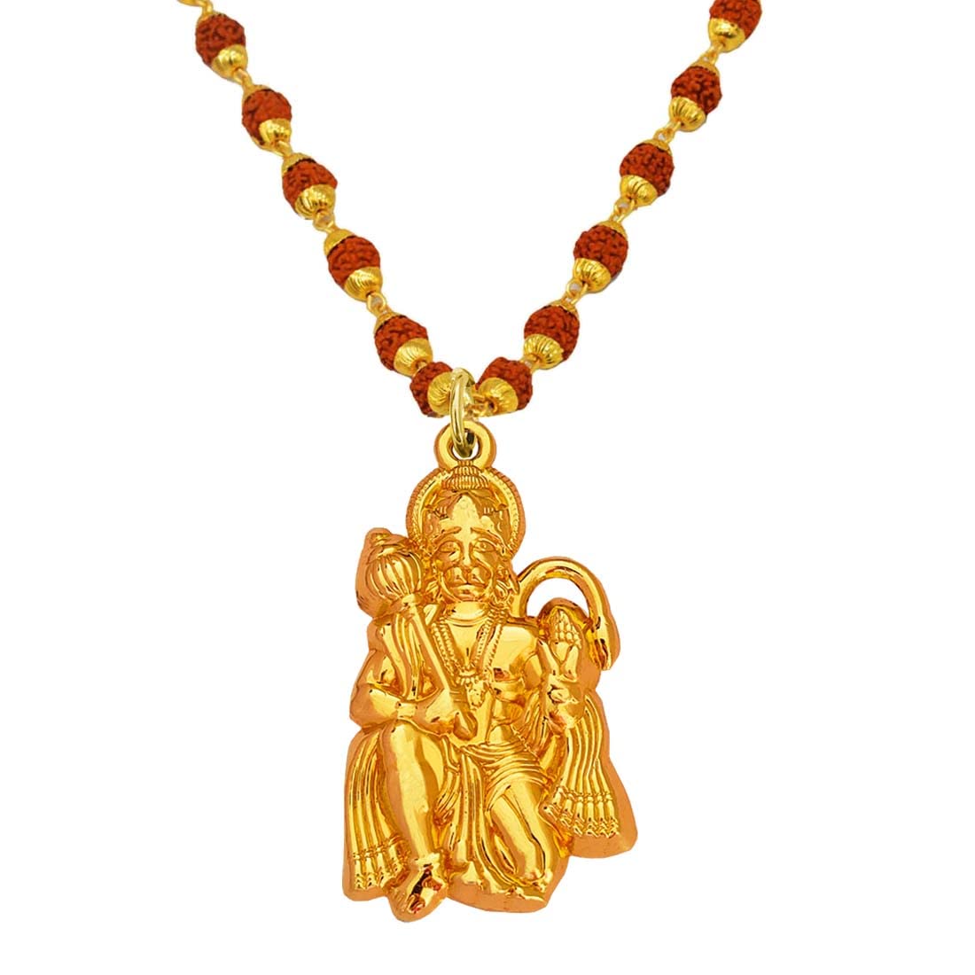 Lord Pawan Putra Hanuman Locket With Gold Plated Cap Panchmukhi Rudraksha Mala Brass And Wood Religious Jewellery Pendant Necklace Chain For Men And Women-image-12