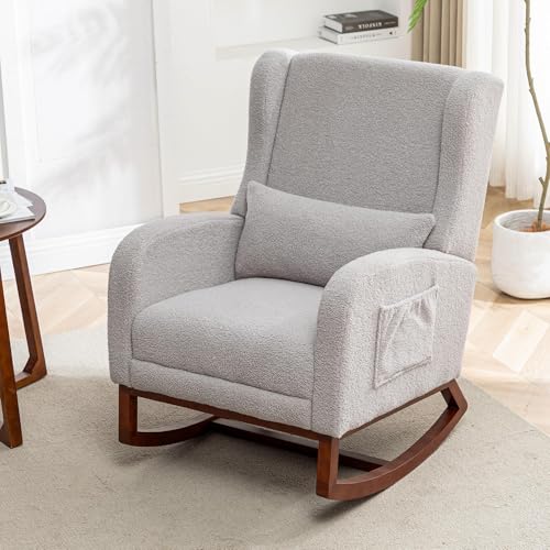 Image of HCHAIRH Rocking Chair Nursery with Foot Rest, Wingback Nursery Rocking Chairs, Grey Teddy Nursing Glider Rocker Chair with Pillow and High Back for Nursery, Living Room, Bedroom