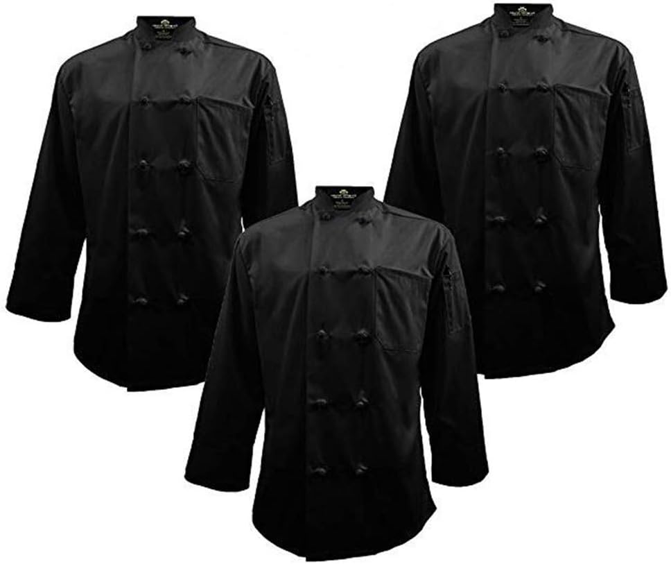 Chef Apparel Knot Button Chef Coat with Thermometer Pocket (X-Large, 3 Pack Black)