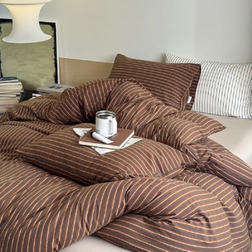 Image of Duvet Cover Set Full Size Brown Striped Bedding Set for Girls Boys,Modern Back to School Dorm Duvet Cover Kids with Zipper Closure and 2 Pillowcases