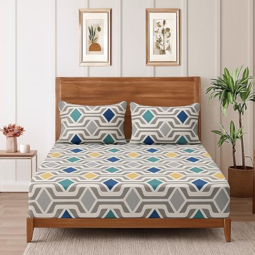 Image of 300 Tc Cotton Feel Glace Fully Elastic Fitted Bedsheet King Size Double Bed With 2 Pillow Covers (72 78 Inchesbridge Diamond (Multicolor)