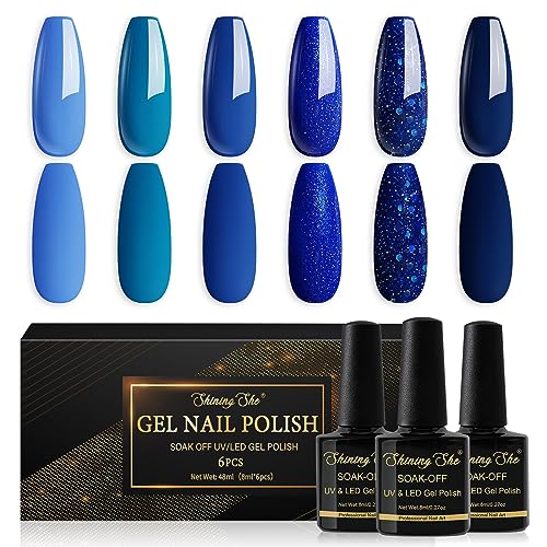 Shining She Smalto Semipermanente Unghie Blu,6 Colori Serie Blu Glitter Blu Navy Blu Scuro Smalti Semipermanenti per Unghie Soak-Off UV Smalto Unghie per Principianti Nail Art DIY,8ml