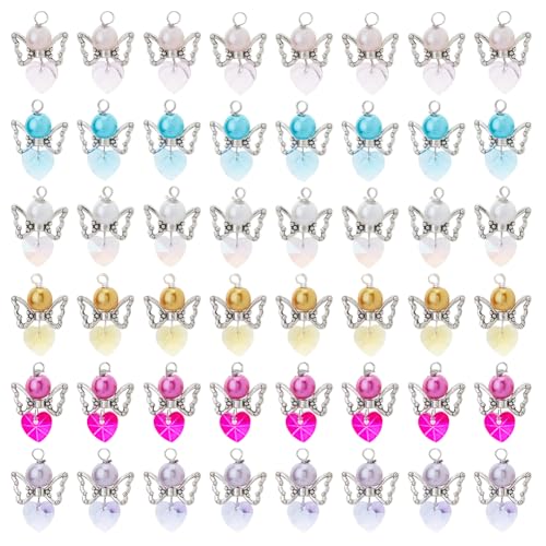DICOSMETIC 48Pcs Angel Charms 6 Styles Angel Glass Beads Pendant Fairy Wings Bead Dangle Charms Colorful Heart Beads Charm Cute Hollow Wing Charm for DIY Earrings Necklace Jewelry Making