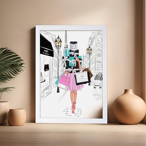 Image of Poster Master Fashion Poster - Lady with Shopping Bags Print - Trendy Art - Modern Art - Gift for Her & Fashionista - Luxury Haute Couture Decor for Bedroom or Girl's Room, 16x20 White Framed